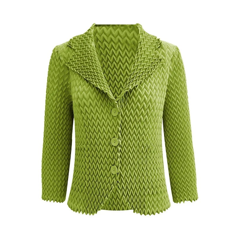 High-end Miyake Solid Color Jacket Wave Pleated Suit Collar Casual Versatile Long-sleeved Short Jacket Female 2024 Autumn New
