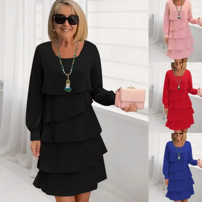 Autumn Women's Cake Chiffon Dress New Casual Elegant O-Neck Party Irregular Layered Long Sleeve Fashion Mini Dresses For Women
