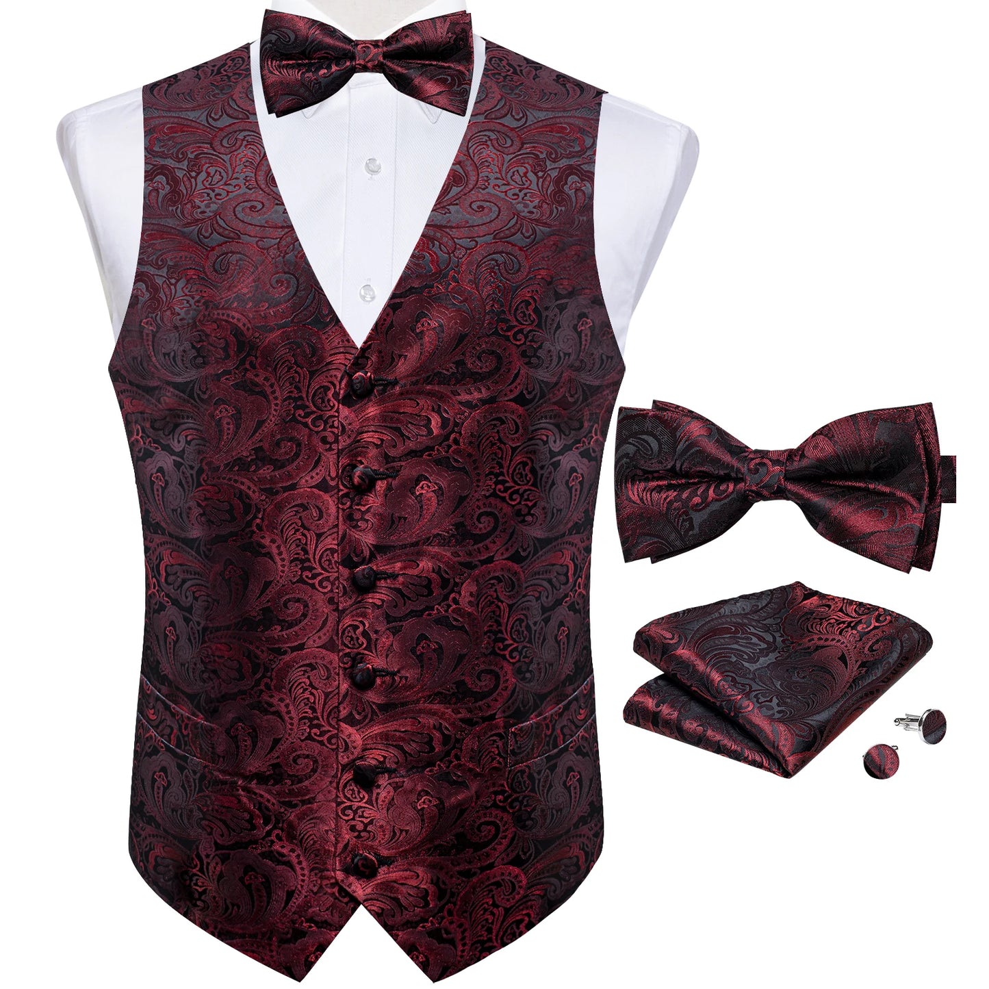 Men's Suit Vest Black Paisley Solid Red Grey Wedding Prom Luxury Waistcoat with Bow Tie Handkerchief Cufflinks Men Clothing