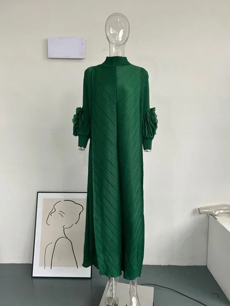 YUDX High Quality Maxi Miyake Pleated Dress Round Neck Spliced Fungus Full Sleeve Dresses For Women 2025 New Spring Clothing