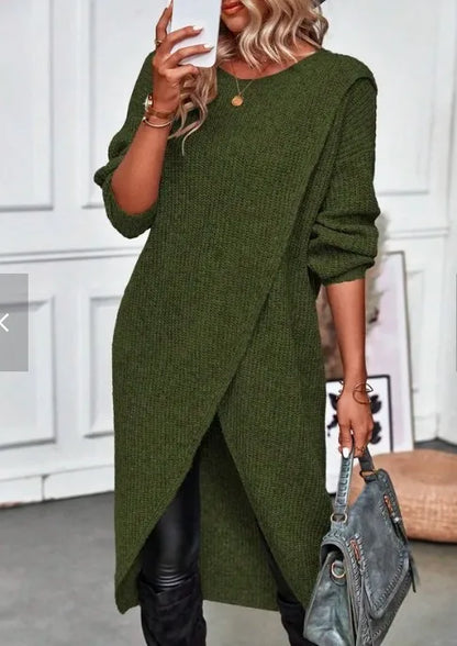 Women's Autumn Knitted Long Dress Solid Color Round Neck Pullover Long Sleeve Slim Temperament Commuting Irregular Dress Jacket