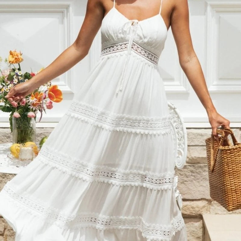 New Summer Woman Dress Sleeveless Solid White Strap Boho Dresses Beachwear Sundress Clothes Bohemian Off-the-shoulder Dress Lace