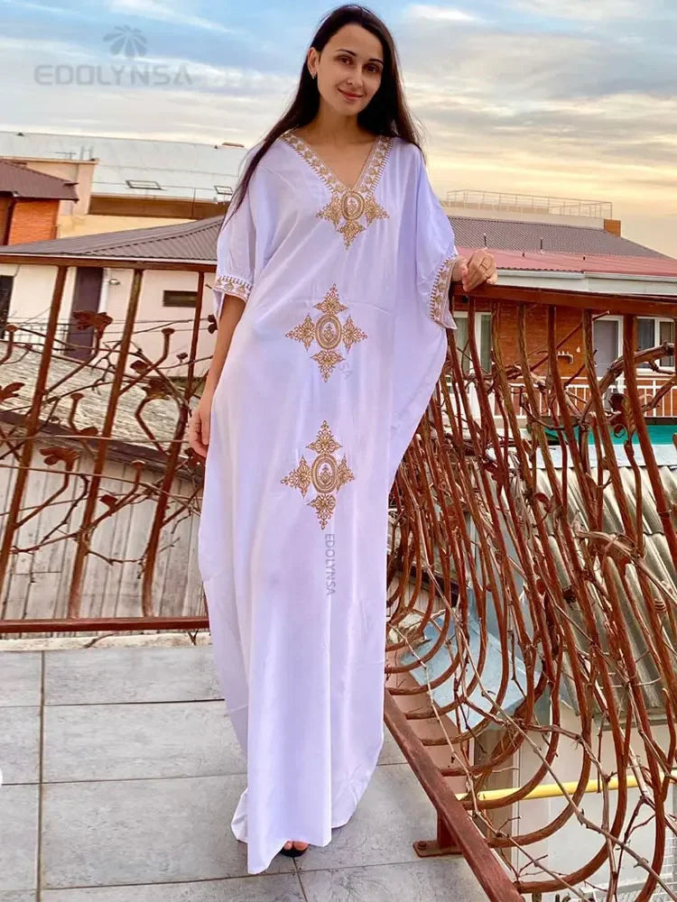 2024 Elegant Gold Embroidered Kaftan Retro V-neck White Dress Plus Size Women Clothes Summer Beach Wear Swim Suit Cover Up Q1373