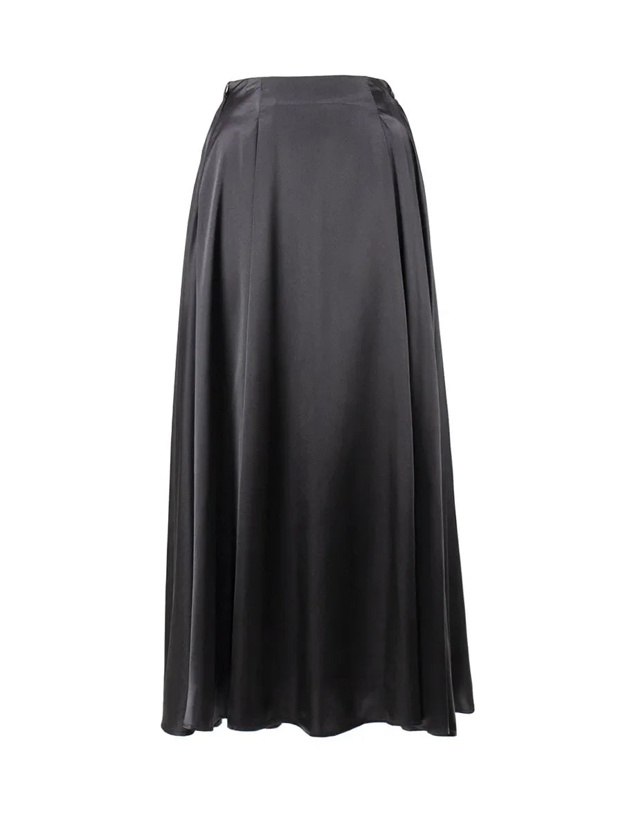 Elegant Women's Skirt Autumn Satin Silk Long Skirts for Women Fashion 2025 Lady Solid Color Khaki White High Waist Skirt Women