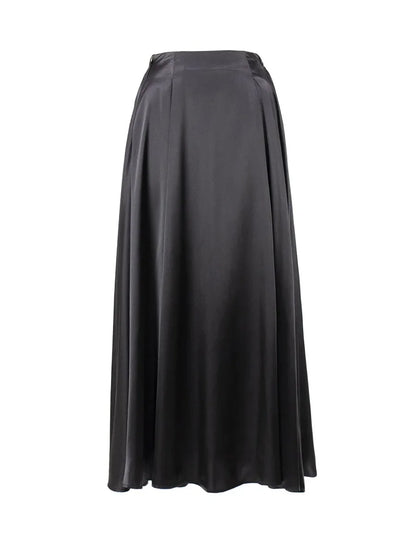 Elegant Women's Skirt Autumn Satin Silk Long Skirts for Women Fashion 2025 Lady Solid Color Khaki White High Waist Skirt Women