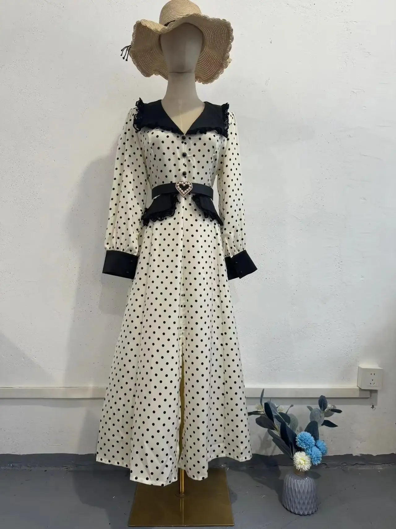 Fashion Slim Print Women'S Dress Elegant Doll Collar Long Sleeve Office Midi Dresses Casual High Waist Female Dress