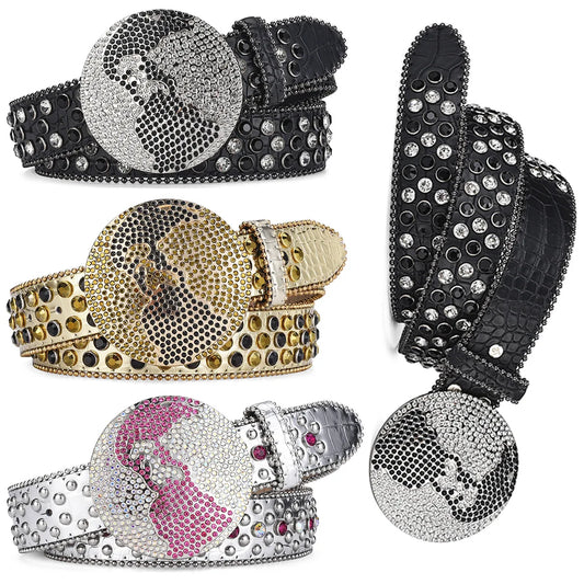Western Leather belt BlingBling Diamond round buckle water Crystal diamond belt punk style Unisex PU Synthetic belt
