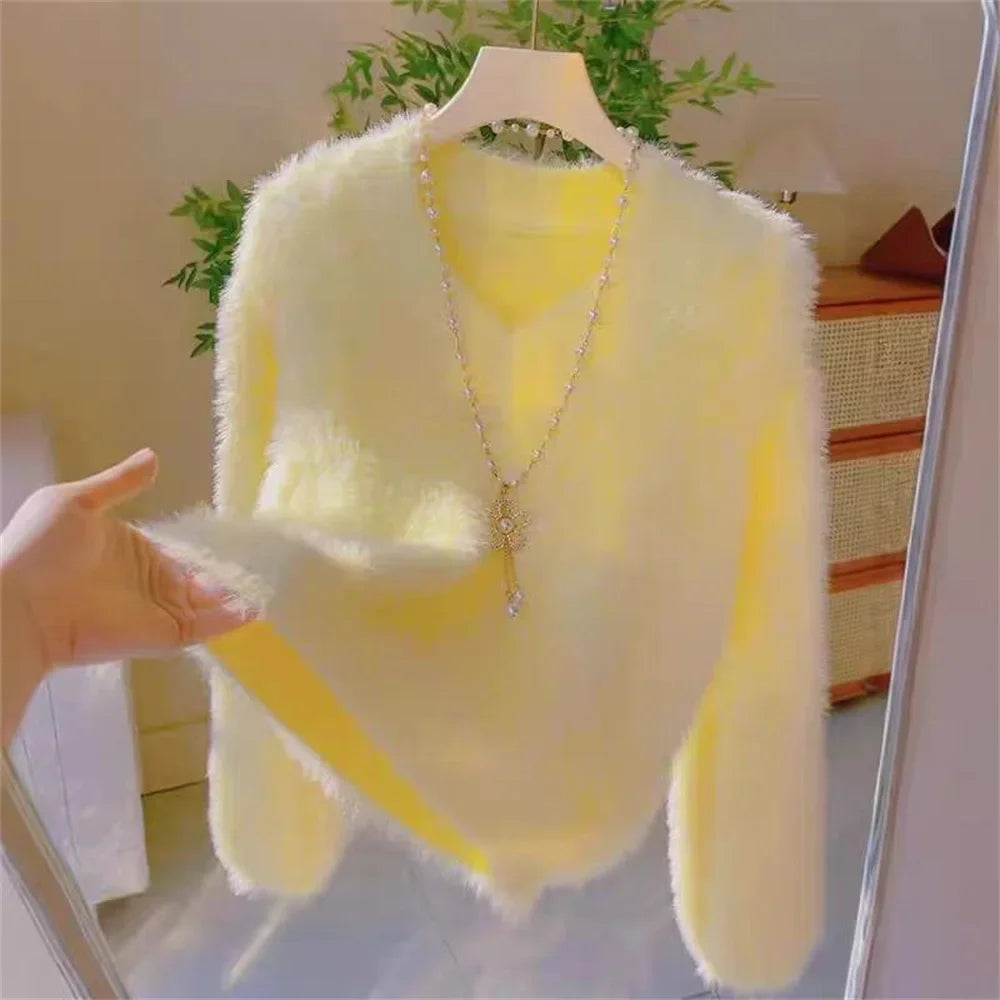 Korean Fashion Sweaters Women 2025 New Casual Mink Fur V-neck Pullover Female Autumn Winter Loose Sweater women's Clothing