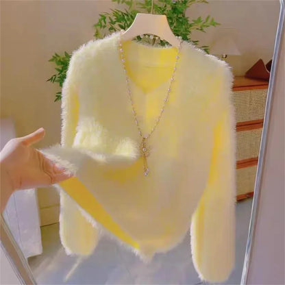 Korean Fashion Sweaters Women 2025 New Casual Mink Fur V-neck Pullover Female Autumn Winter Loose Sweater women's Clothing