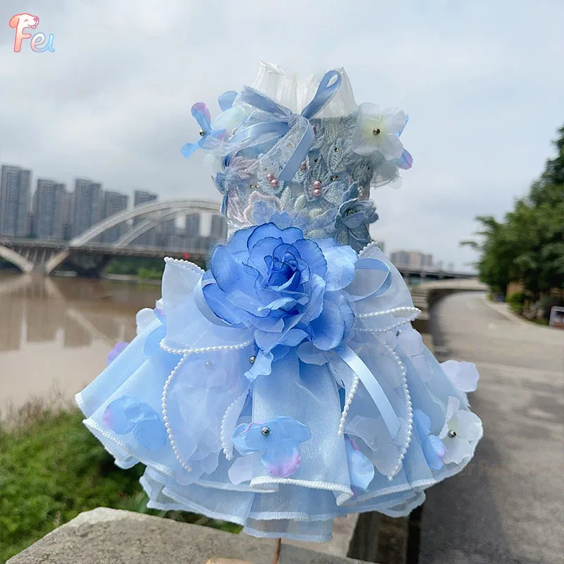 2026 Handmade Blue Puppy Dog Clothing Luxury Embroidery Flower Lace Bow Long Tail Party Dresses For Small Medium Dog Pet Clothes