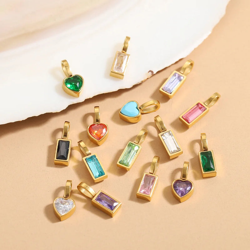 Classic Love Heart Square Zircon 12 Birthstone Pendant DIY Pendant Stainless Steel Waterproof Geometric Jewelry Birthday Gift