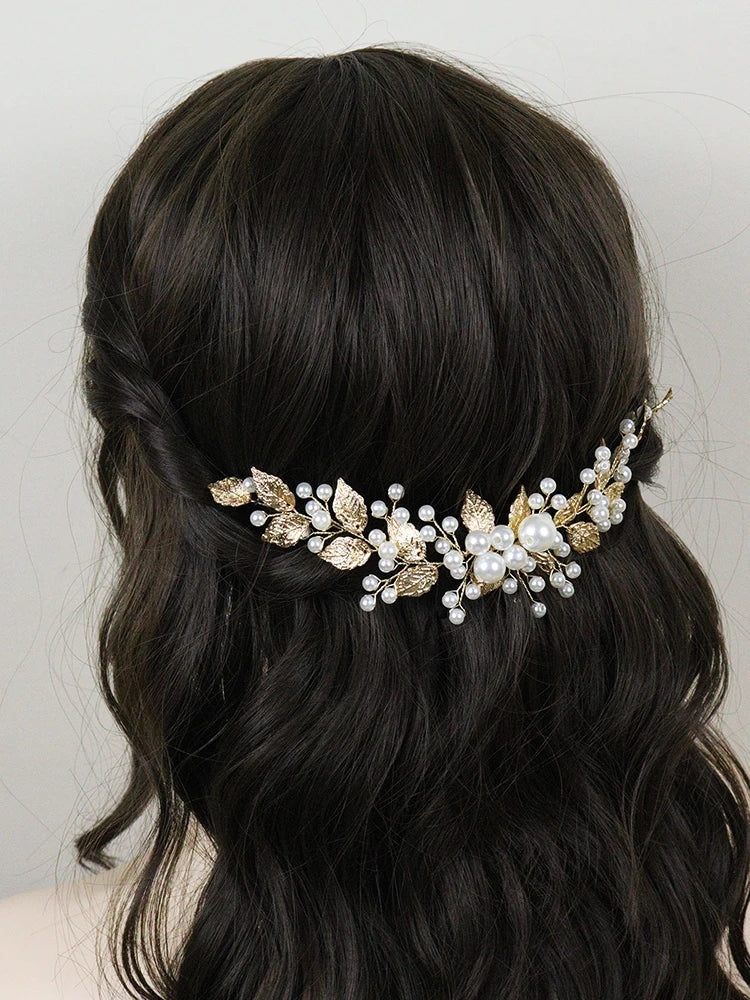 Golden Leaf Pearls Headband Handmade Bride Headdress Vintage 90s Elegant Women Headpieces for Party Wedding Hair Accessories