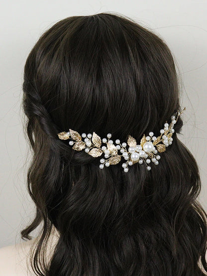 Golden Leaf Pearls Headband Handmade Bride Headdress Vintage 90s Elegant Women Headpieces for Party Wedding Hair Accessories