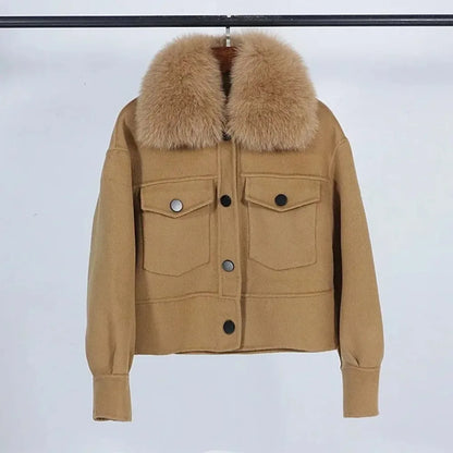 Wool Women Fur Coat New Autumn Winter Real Fox Fur Collar 10% Cashmere 90% Wool Fur Jacket Short Casual Loose Wool Coat