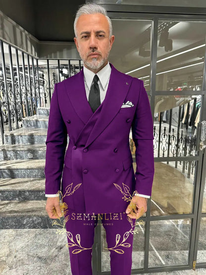 Black Men's Suit 2 Piece Double Breasted Jacket Pants Formal Wedding Groom Tuxedo Peaked Lapel Blazer Customized Men's Suit