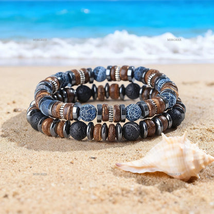 2pcs Men's Natural Stone Bead Bracelet Set, Handmade Retro Outdoor Style Men's Jewelry, Men's Gift