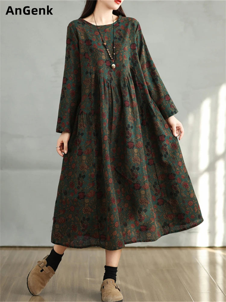 Cotton Vintage Print Floral Dresses 2025 Women Spring Autumn Casual Loose Long Sleeve Dress Femme Robe Vestidos Elegant Clothing