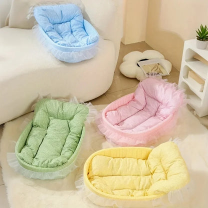 1set Cute Lace-Trimmed Pet Princess Bed For Winter - Soft Polyester Plush Oval for Small Dogs/Cats, Easy Assembly Indoor Use