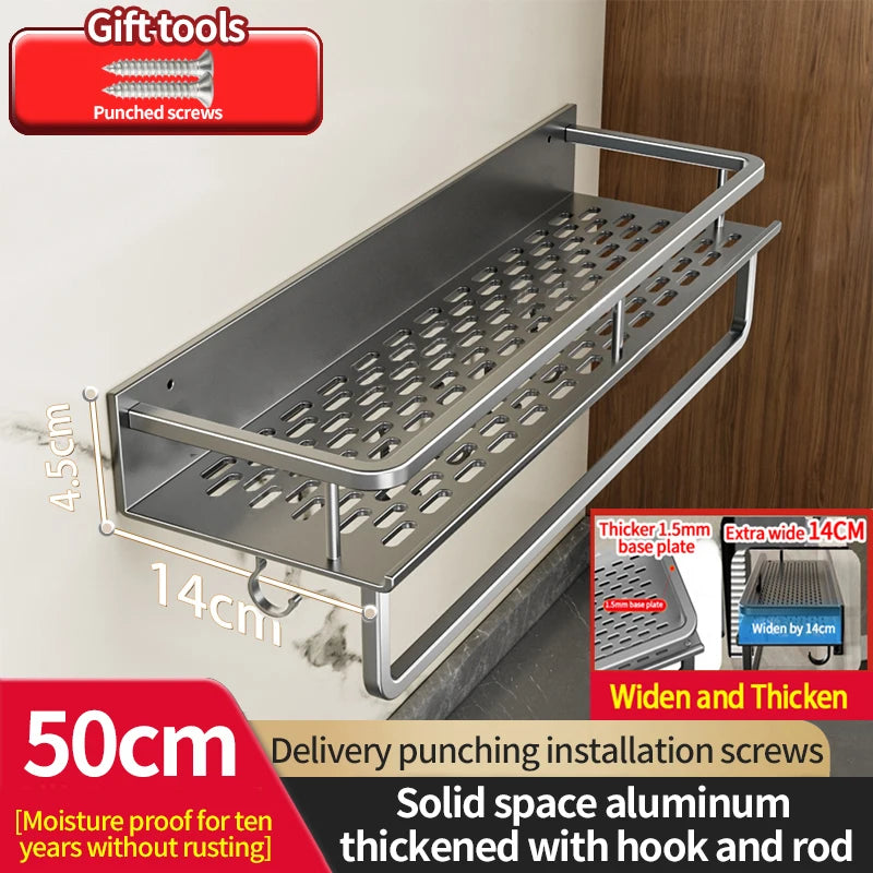 50CM/60CM Aluminum Bathroom Shelf Shelves Shampoo Makeup Storage Holder Kitchen Organizer Wall Mounted Rack Access