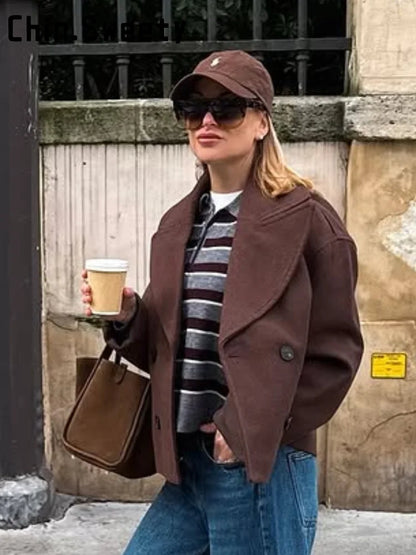 Casual Short Woolen Blends Coats Women Loose Lapel Bouble Breasted Pocket Full Sleeve Jacket 2025 Autumn Winter Lady Solid Coat