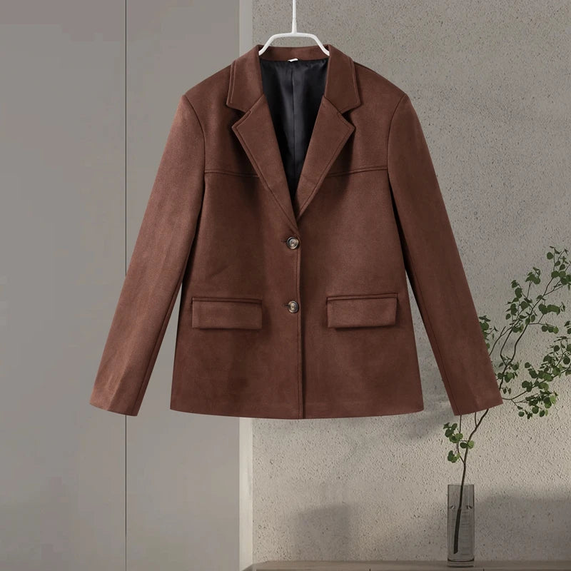 Vintage Brown Suede Jacket for Women Single Breasted Turn-down Collar Blazer with Pocket Casual Office Outerwear Autumn 2025
