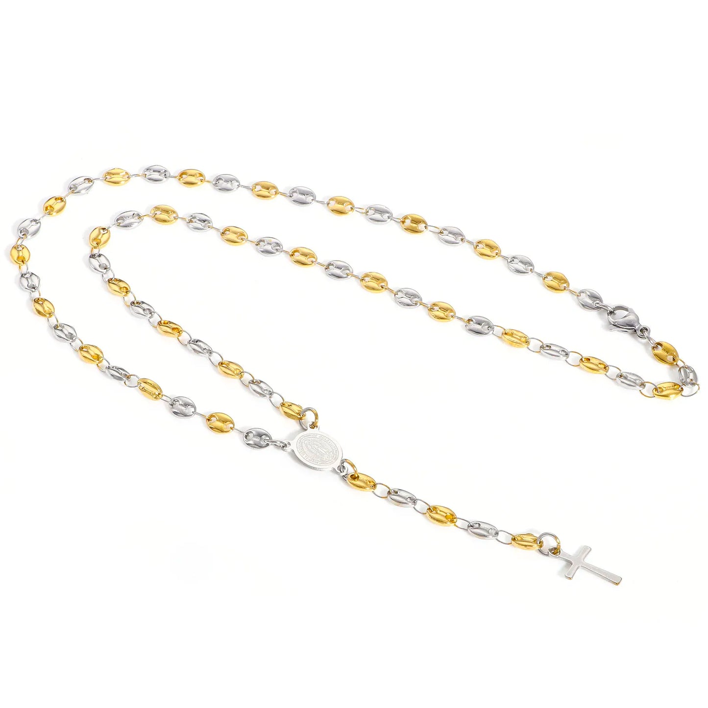 304 Stainless Steel Religious Pig Nose Chain Prayer Beads Rosary Necklace Cross Virgin Mary For Men Women 50cm(19 5/8") long