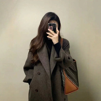 Grey Double-sided Cashmere Coat Women's 2025 Winter New Korean version Loose Thick Down Woolen Coats Solid Casual Long Overcoat