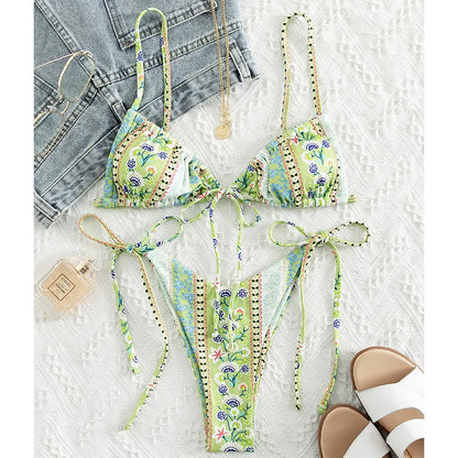 BIQIUYYI New Floral Print String Bandage Bikinis Triangle Cup Push Up Swimsuit Women Bathing Suit Beachwear Halter Swimwear XS