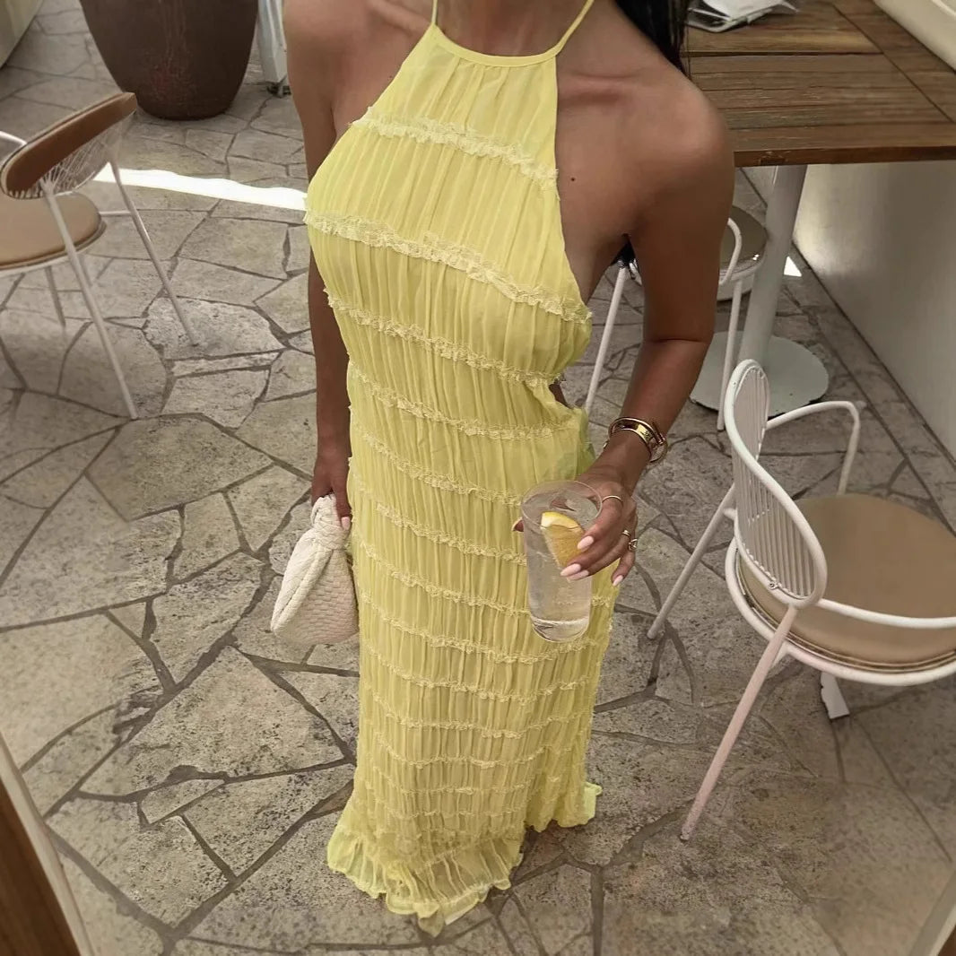 Sexy Beach Sle Wrap Ne Strap Dr Summer Women's Faion High Waist Long Skirt No Sve Hanging Ne Gown Holiday Vibes