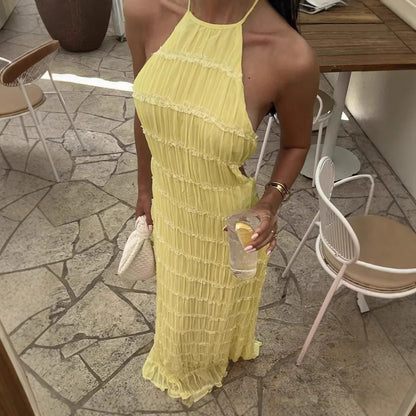 Sexy Beach Sle Wrap Ne Strap Dr Summer Women's Faion High Waist Long Skirt No Sve Hanging Ne Gown Holiday Vibes
