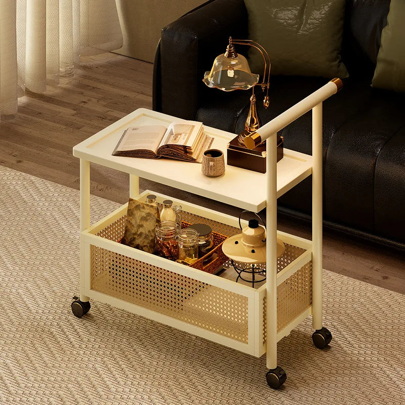 Wooden antique style coffee table, mobile coffee table, sofa side table, cart with pulley storage rack, rattan fence decoration
