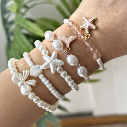 Bohemian Starfish Shell Charm Bracelets for Women Beach Scallops Imitation Pearl Beaded Bangle Summer Vacation Party Jewelry