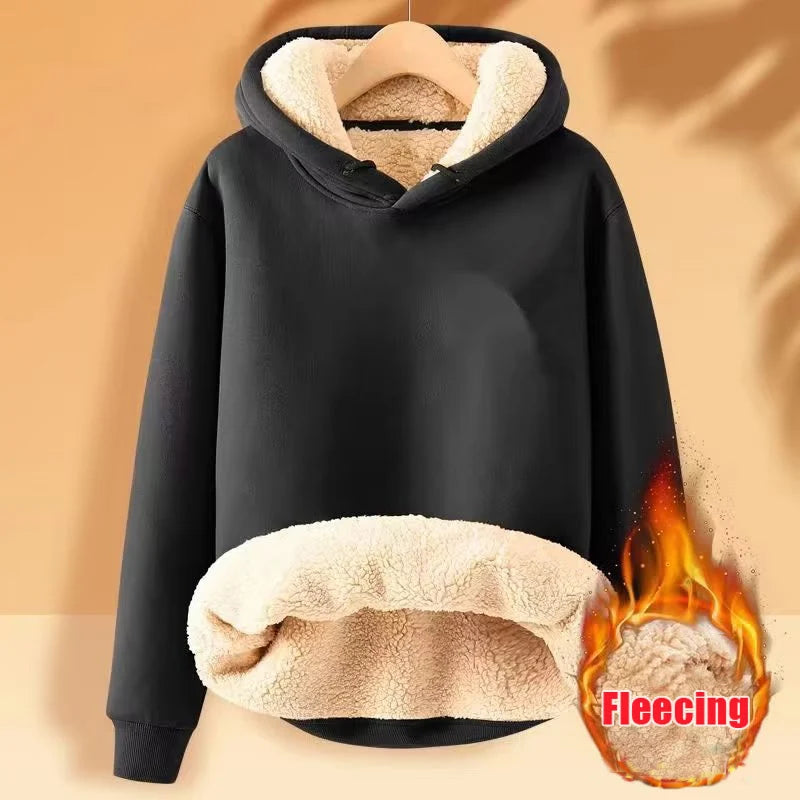 Fleece Sweatshirt Thickened Lamb Plush Hooded Pullover Casual Solid Sports Simple Top Long Sleeve Women Clothes Spring Loose New