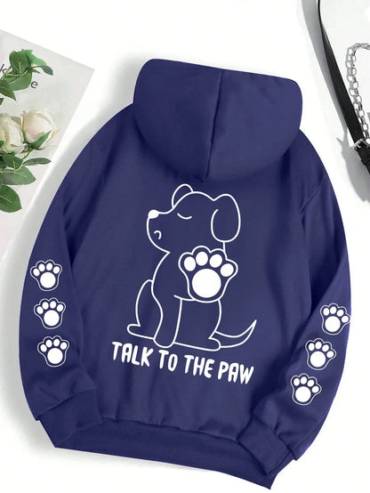 Talk To The Paw Funny Dog Cartoon Print Hoodie Women Warm Fleece Hoody Fashion Casual Hooded Autumn Loose Round Neck Woman Tops