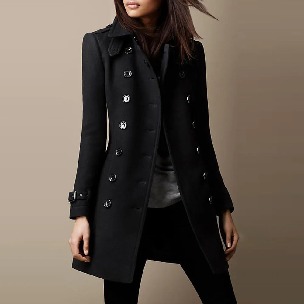 Winter Ladies Woolen Jackets Double Breasted Flap Lapel Lined Top Coat Solid Slim Elegant Womens Outerwear 2024