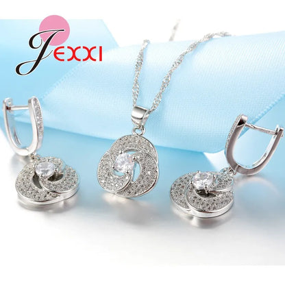 Charm Fine Elegant 925 Sterling Silver Crystal Necklace Earring Wedding Bridal Jewelry Sets For Women