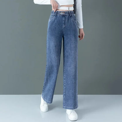 Blue high waisted Elastic jeans Women's clothing 2025 Spring Autumn New Loose Straight leg Pants Casual Denim Wide leg pants