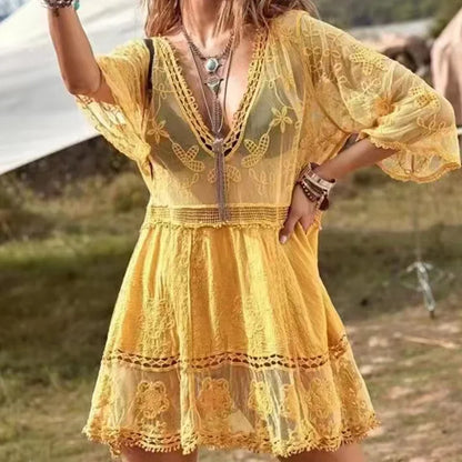 AYUALIN Floral Embroidery Loose Sexy Bikini Tunic Vintage Deep V-neck Boho Lace Cover-Ups Women Summer Mini Robe 2025 Beach Wear