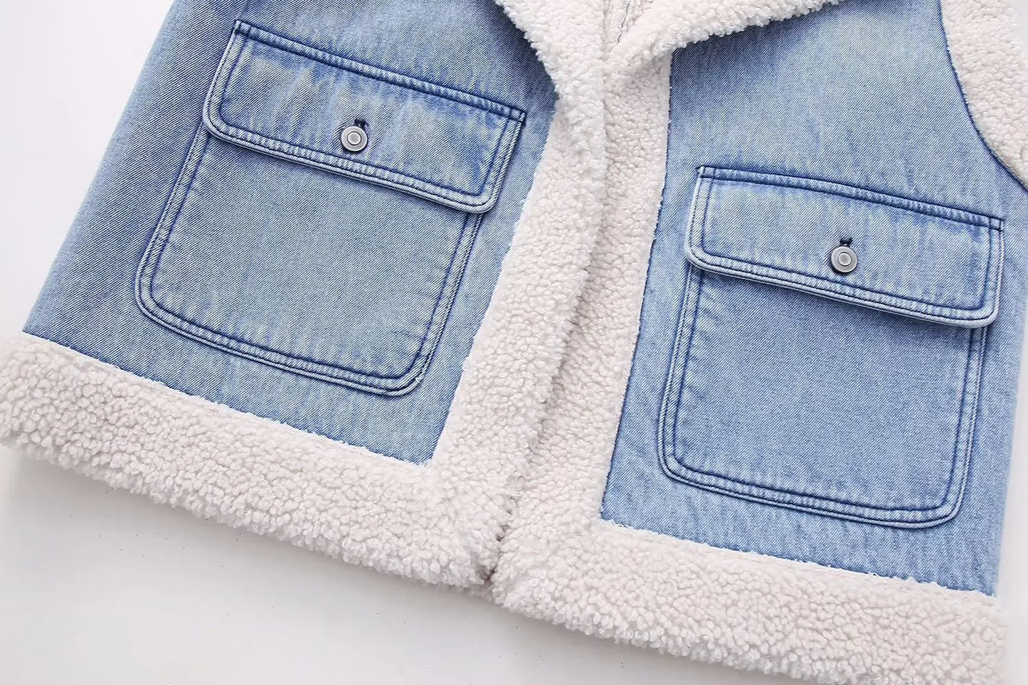 New Women Fashion Turn Down Collar Lamb PatchworkWashed Denim Vest Jacket Female Sleeveless Pockets WaistCoat Tops CT5477