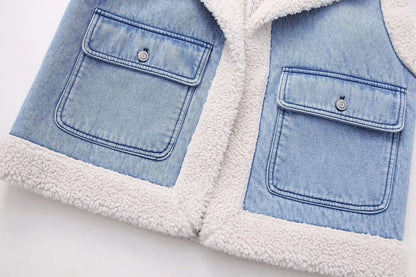 New Women Fashion Turn Down Collar Lamb PatchworkWashed Denim Vest Jacket Female Sleeveless Pockets WaistCoat Tops CT5477