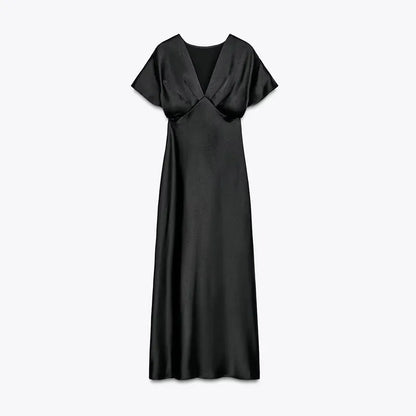 Elegant Satin Solid Long Dress Women V-neck Short Sleeve Pleated Slim High Waist Dresses 2025 Summer Lady Party Evening Robes