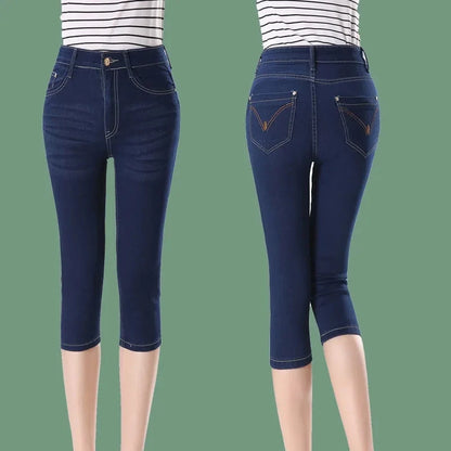 2025 New High waisted Women's Capri Denim Shorts Women Summer Thin Slim Vintage Jeans Stretch Short Straight leg Pants Leggings