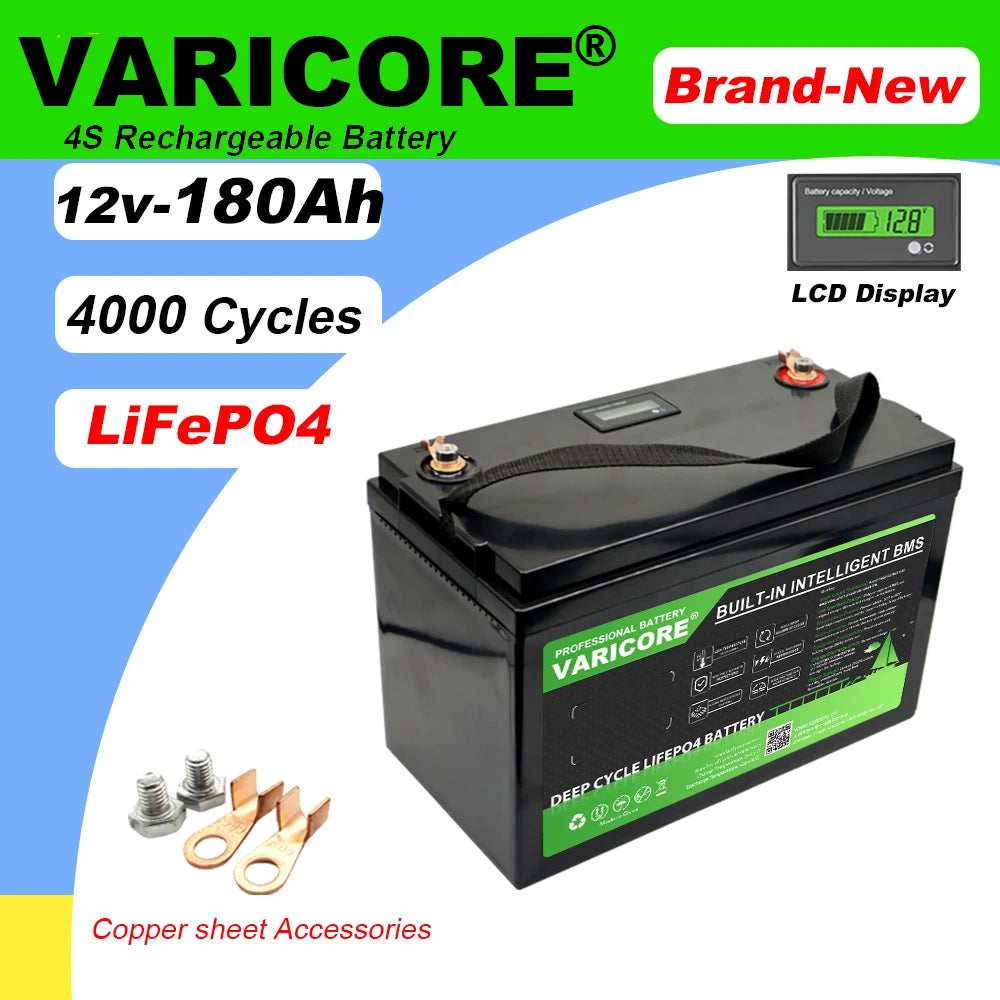 12.8V 180AH LiFePO4 Battery 12V 4s LED Display Lithium Power Batteries for Campers, Golf Cart, Off-Road, Solar & Wind Energy Sto