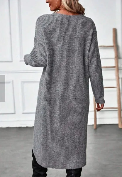 Women's Autumn Knitted Long Dress Solid Color Round Neck Pullover Long Sleeve Slim Temperament Commuting Irregular Dress Jacket