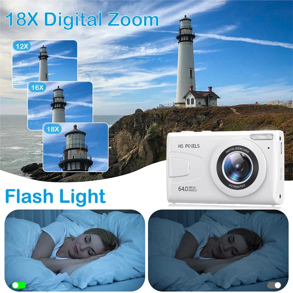 4K Digital Cameras for Photography 64MP 18X Digital Zoom Compact Cameras Beginner YouTube Vlogging Recording Video Cameras White