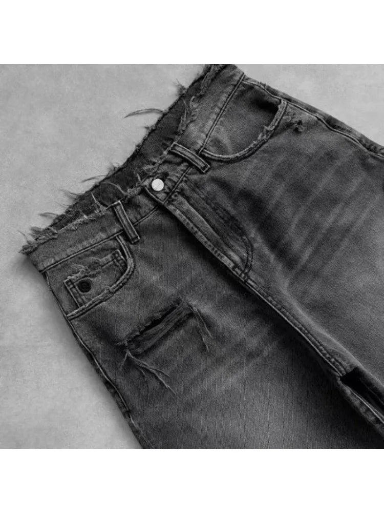 HOUZHOU Washed Ripped Short Jeans Women and Man Hole Embroidery Wide Leg American Retro Jorts Baggy Casual Streetwear Summer