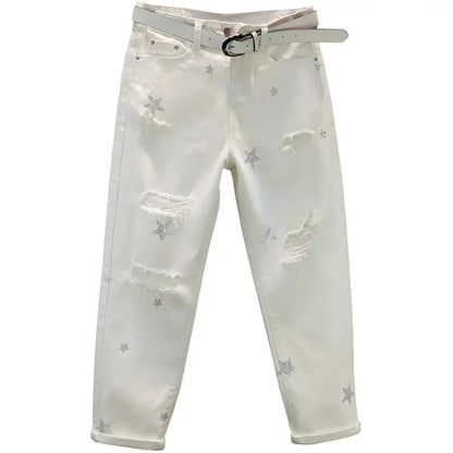 White Jeans Women's Spring Summer 2025 New Loose Star Studded Hot Stamping perforated Chimney Pants Female Casual Denim Trousers