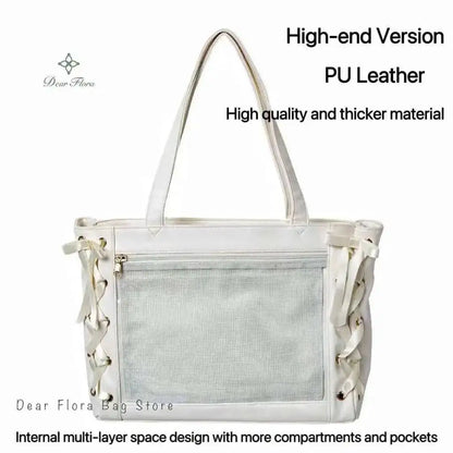 Japanese Sweet Women Ribbon Ita Bag Cute Lolita Girl Transparent Handbags Fashion Large Capacity Tote Bag Aesthetic Shoulder Bag