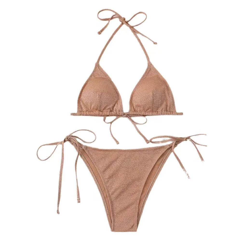 2025Sexy Bikini Set Shiny Triangle Bikinis Bandage Swimsuit Women Two Piece Swimwear Summer Biquini New Beachwear Push Up Bikini