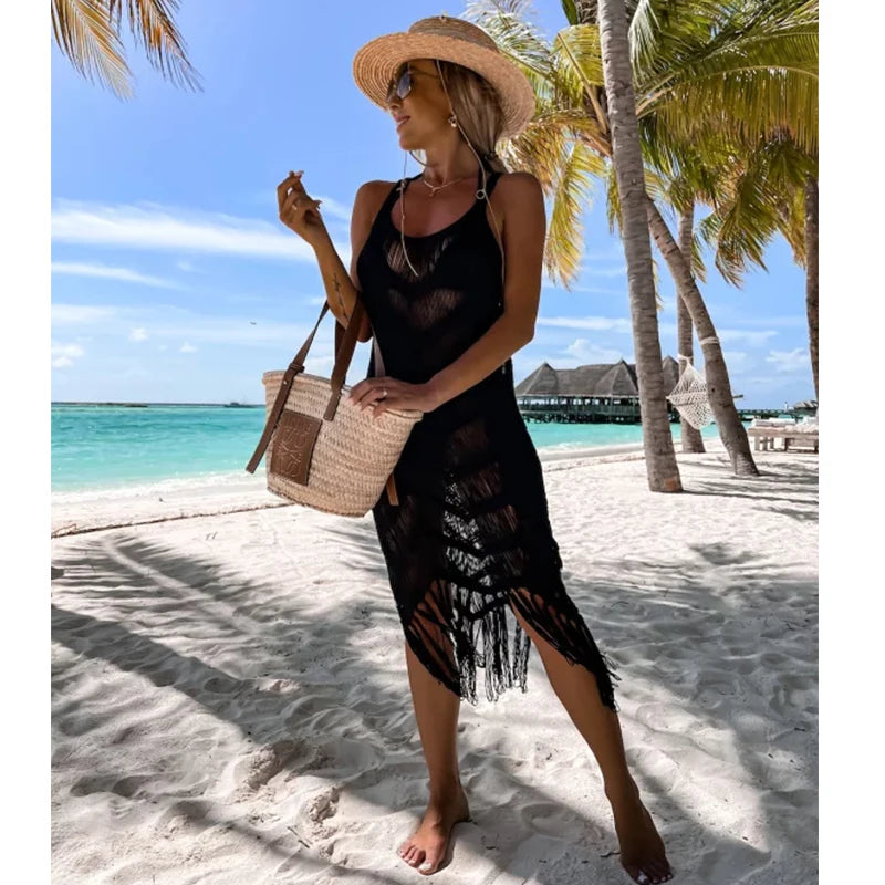 2024 White Crochet Tunic Bikini Cover-ups Sexy Hollow Out Dress Women Summer Clothes See Through Beach Wear Tassel Cover Up